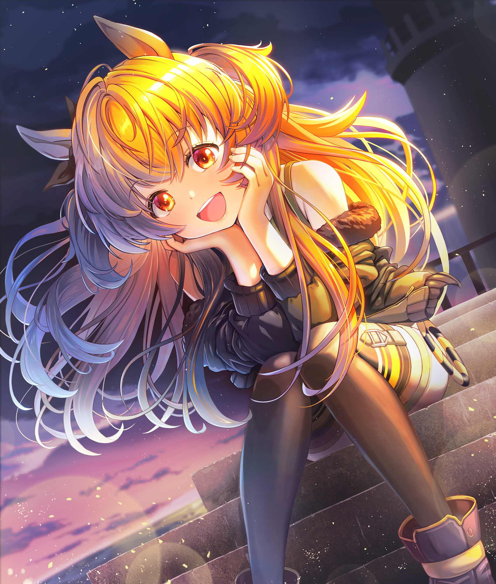 umipro, mayano top gun (umamusume), umamusume, commentary, highres, 1girl, :d, animal ears, blush, bomber jacket, bow, brown ribbon, cloud, ear bow, ear ribbon, evening, green jacket, hands on own cheeks, hands on own face, horse ears, horse girl, jacket, jacket partially removed, lens flare, lighthouse, long hair, long sleeves, looking at viewer, open mouth, orange eyes, orange hair, outdoors, ribbon, shorts, sitting, sitting on stairs, sky, smile, solo, stairs, tank top, teeth, two side up, upper teeth only, white shorts