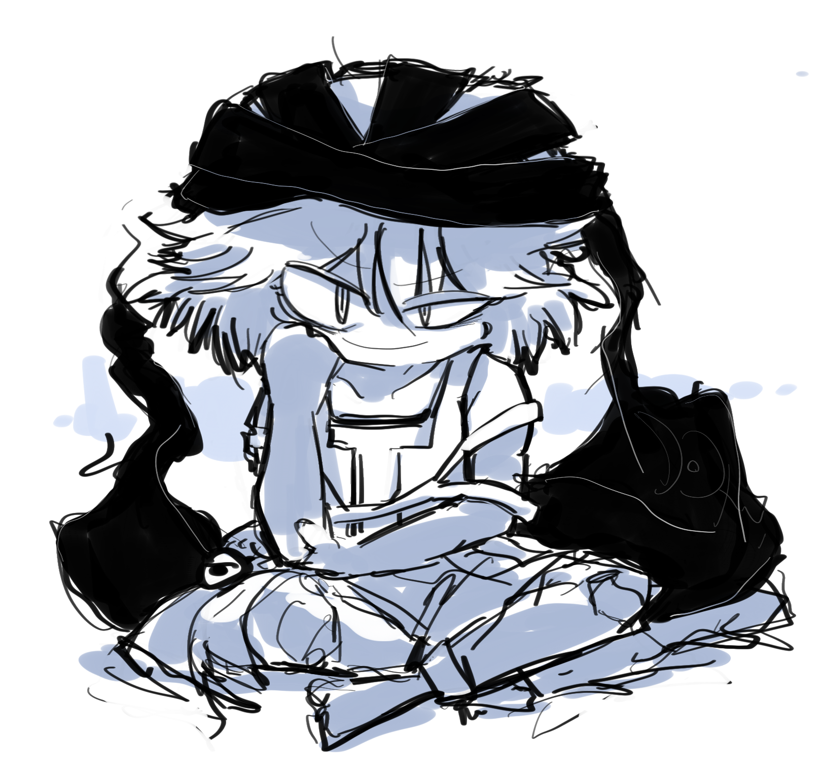 aodo mikan, arde (len'en), kuzu suzumi, len'en, highres, 1other, androgynous, bandana, bare shoulders, brooch, clenched hand, closed mouth, collarbone, collared socks, crossed ankles, eye brooch, eye of senri, full body, furrowed brow, greyscale, hair between eyes, half-closed eye, hand on own cheek, hand on own elbow, hand on own face, jacket, jewelry, monochrome, open clothes, open jacket, other focus, shadow, shirt, short hair, shorts, simple background, sitting, sketch, sleeveless, sleeveless jacket, sleeveless shirt, smirk, smug, socks, solo, white background