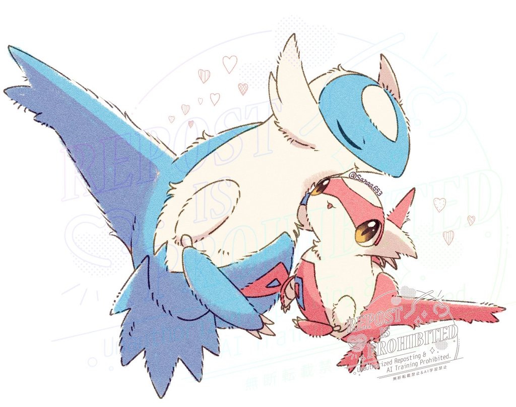 sana (sanaa653), latias, latios, nintendo, pokemon, claws, closed eyes, closed mouth, dragon, fluffy, full body, gen 3 pokemon, heart, legendary pokemon, no humans, pokemon (creature), pokemon focus, simple background, smile, tongue, tongue out, wings, yellow eyes