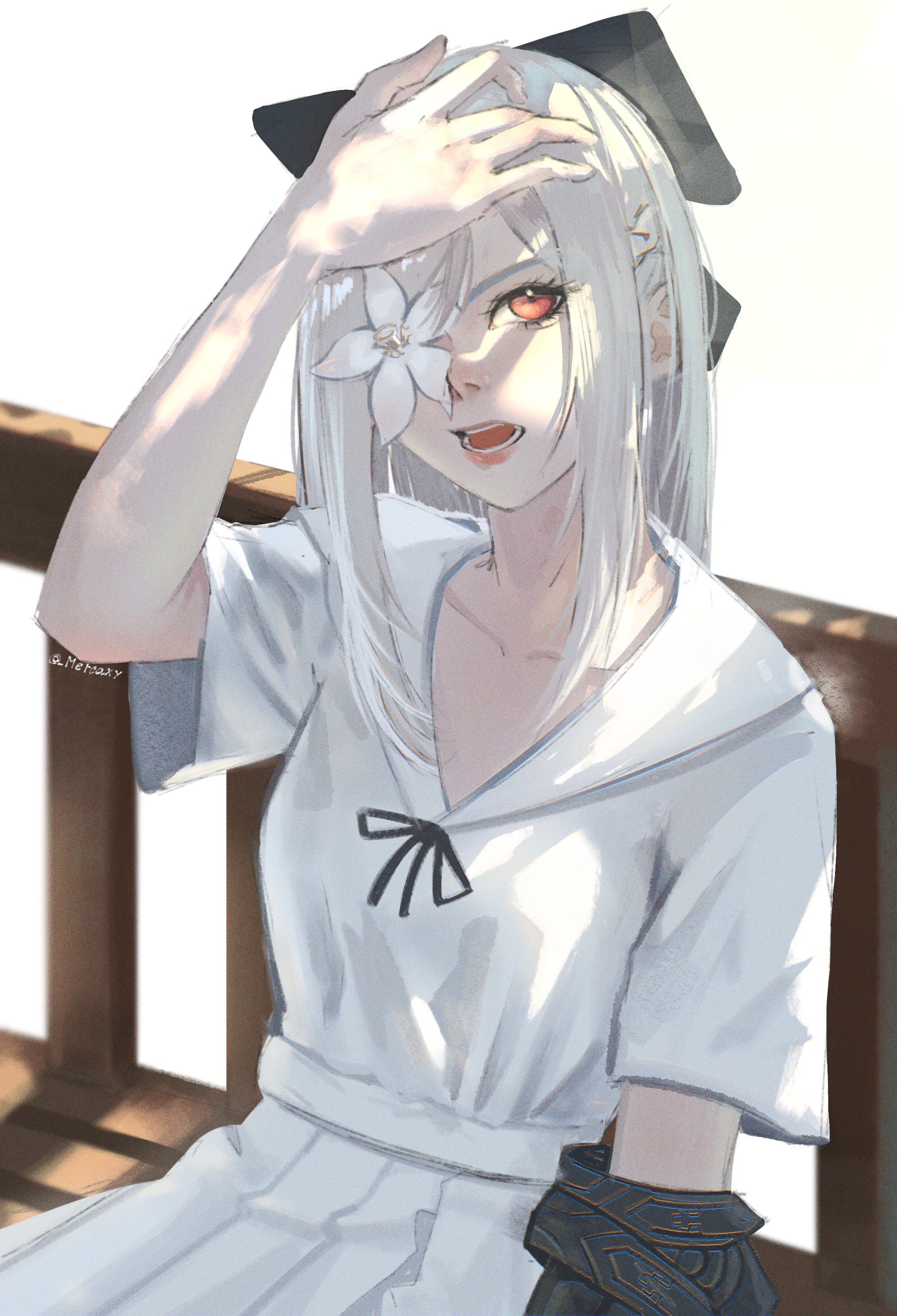 mercaxy, zero (drag-on dragoon), drag-on dragoon, drag-on dragoon 3, absurdres, commentary request, highres, 1girl, alternate costume, artist name, collarbone, eyelashes, flower, flower over eye, long hair, open mouth, parted bangs, red eyes, shirt, short sleeves, sitting, skirt, solo, twitter username, white hair, white shirt, white skirt