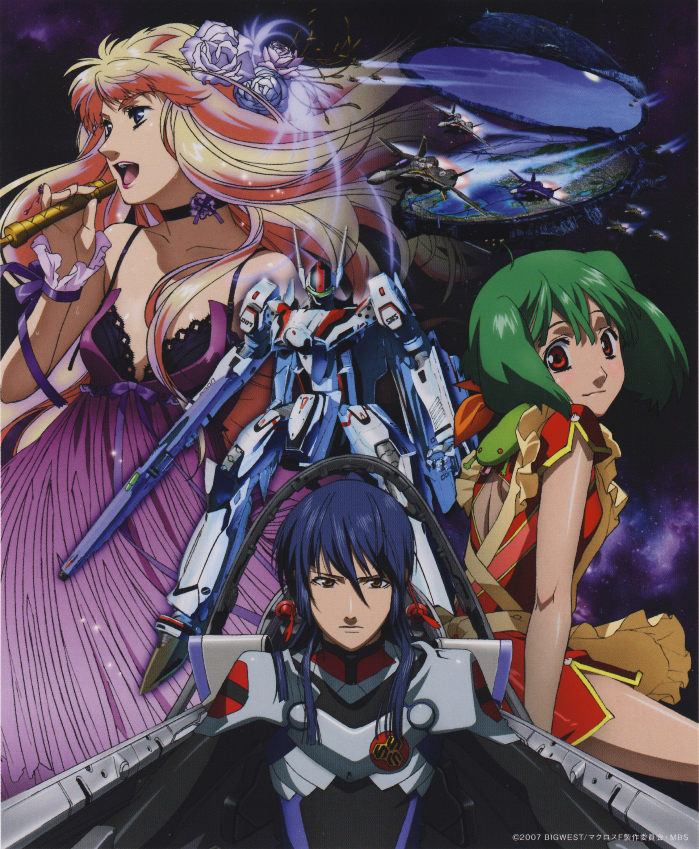 ranka lee, saotome alto, sheryl nome, vf-25, macross, macross frontier, absurdres, highres, 00s, 1boy, 2girls, black hair, china dress, chinese clothes, cockpit, dress, green hair, long hair, mecha, multiple girls, robot, s.m.s., space