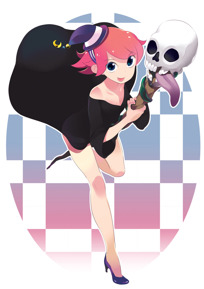 rakuraku, :p, blue eyes, legs, red hair, short hair, skull, solo, staff, tongue, tongue out, witch