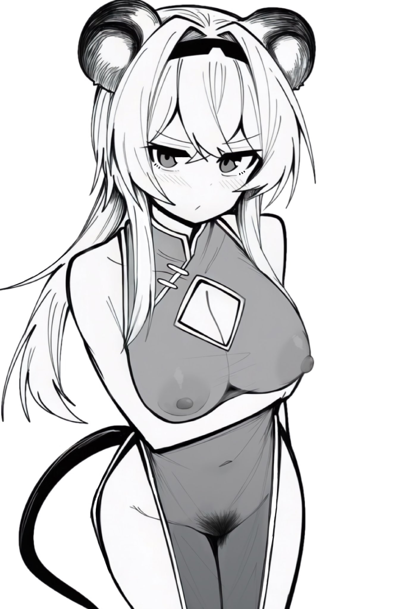 makigirisu, lin (arknights), arknights, naked dress, commentary request, highres, 1girl, alternate costume, animal ears, arm under breasts, bare arms, bare shoulders, blush, breasts, china dress, chinese clothes, cleavage, cleavage cutout, closed mouth, clothing cutout, cowboy shot, crossed bangs, dot nose, dress, female pubic hair, greyscale, groin, hair between eyes, hair intakes, large breasts, long hair, looking at viewer, monochrome, mouse ears, mouse girl, mouse tail, navel, nipples, pelvic curtain, pubic hair, see-through clothes, see-through dress, side slit, simple background, sleeveless, sleeveless dress, solo, standing, tail, white background