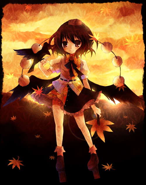 suzushiro kurumi, shameimaru aya, touhou, 1girl, bird, black wings, female focus, geta, hat, leaf, looking at viewer, short hair, smile, solo, tengu-geta, wings