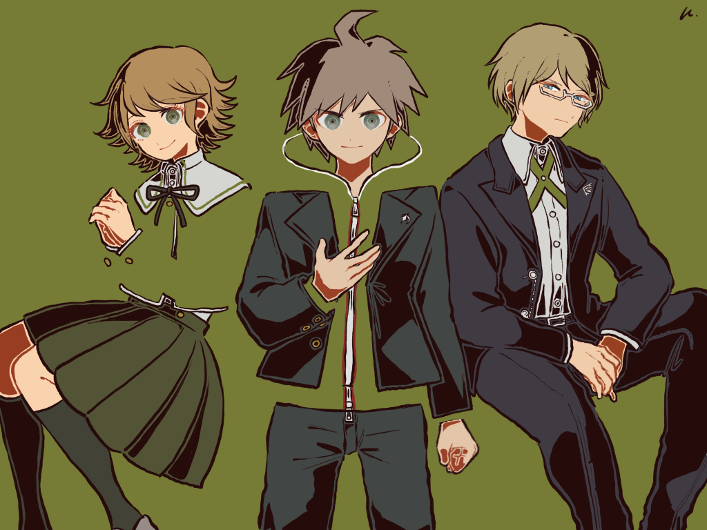 kiri (2htkz), fujisaki chihiro, naegi makoto, togami byakuya, danganronpa: trigger happy havoc, danganronpa (series), commentary request, 3boys, ahoge, black jacket, black pants, black ribbon, black socks, blonde hair, blue eyes, brown hair, clenched hand, closed mouth, collared shirt, crossdressing, crossdressing (mtf), eyelashes, glasses, green background, green eyes, green skirt, green theme, hood, hood down, jacket, kneehighs, male focus, multiple boys, neck ribbon, negative space, open clothes, open jacket, own hands together, pants, ribbon, semi-rimless eyewear, shirt, short hair, simple background, sitting, skirt, smile, socks, solo, standing, trap, white-framed eyewear, white shirt, zipper