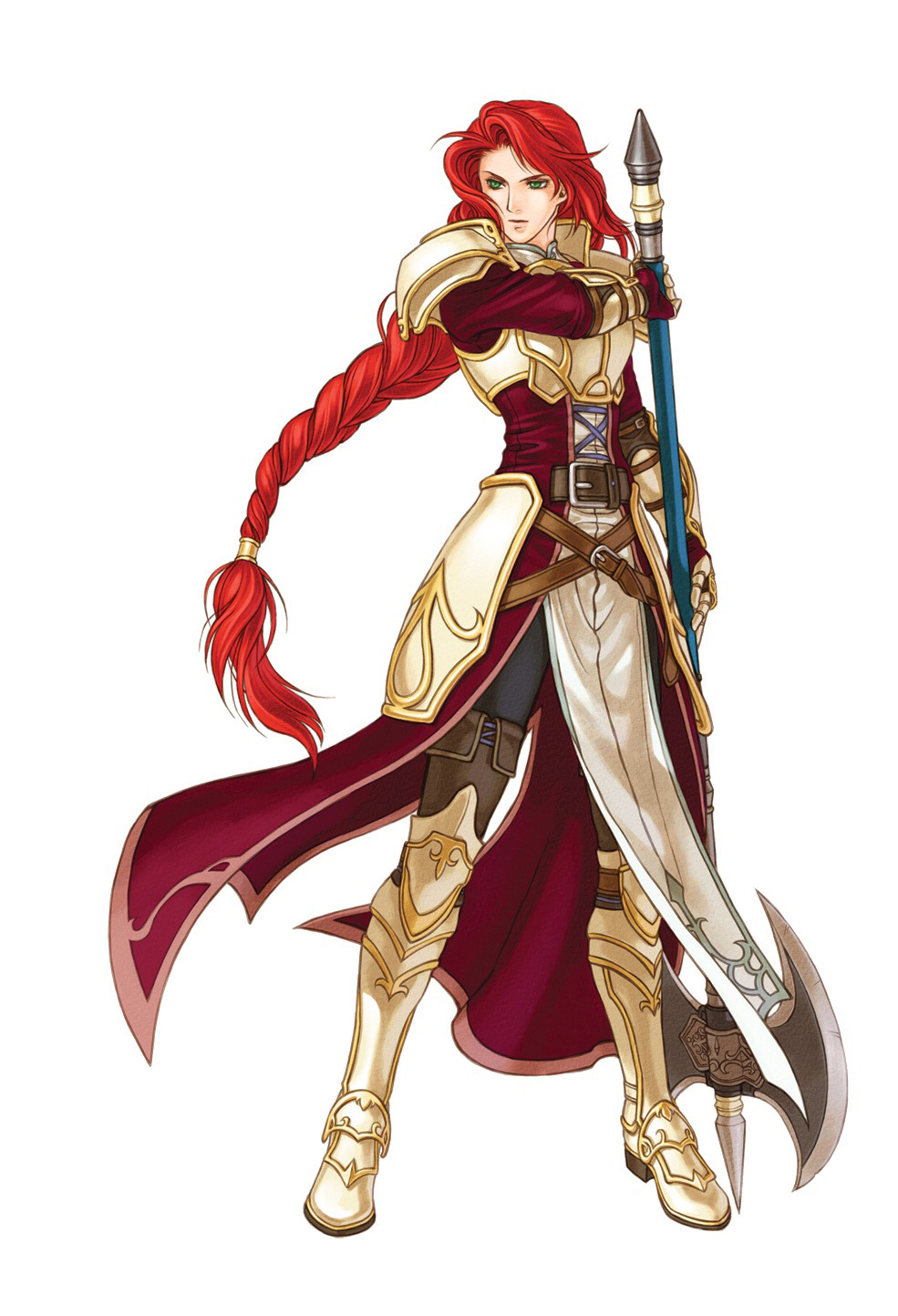 kita senri, titania (fire emblem), fire emblem, fire emblem: path of radiance, fire emblem: radiant dawn, nintendo, highres, official art, 1girl, armor, axe, braid, female focus, green eyes, halberd, long hair, polearm, red hair, simple background, single braid, solo, very long hair, warrior, weapon, white background