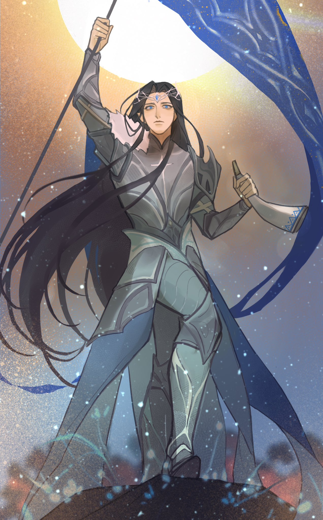 issa crimson, fingolfin, the silmarillion, tolkien's legendarium, 1boy, armor, armored boots, banner, black hair, blue eyes, boots, cape, circlet, closed mouth, elf, flag, floating hair, full body, fur trim, gem, holding, holding banner, holding flag, holding instrument, horn (instrument), instrument, jewelry, long hair, looking at viewer, male focus, nostrils, parted bangs, pointy ears, shoulder armor, solo, sun