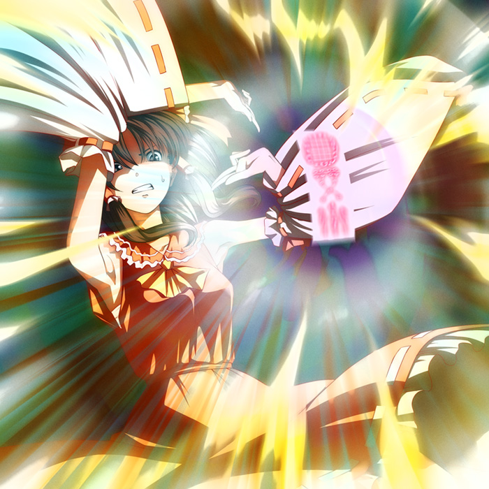 nazo kichi, hakurei reimu, touhou, hand gesture, light, 1girl, anime coloring, armpits, arms up, black eyes, blurry, brown hair, clenched teeth, detached sleeves, female focus, japanese clothes, miko, ofuda, solo, sweatdrop, teeth