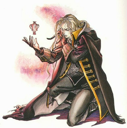 kojima ayami, alucard (castlevania), castlevania: symphony of the night, castlevania (series), konami, lowres, official art, 1boy, bishounen, cape, coat, dhampir, floating, half-human, kneeling, long hair, magic, male focus, pale skin, solo, trench coat, undead, vampire, vase, white hair