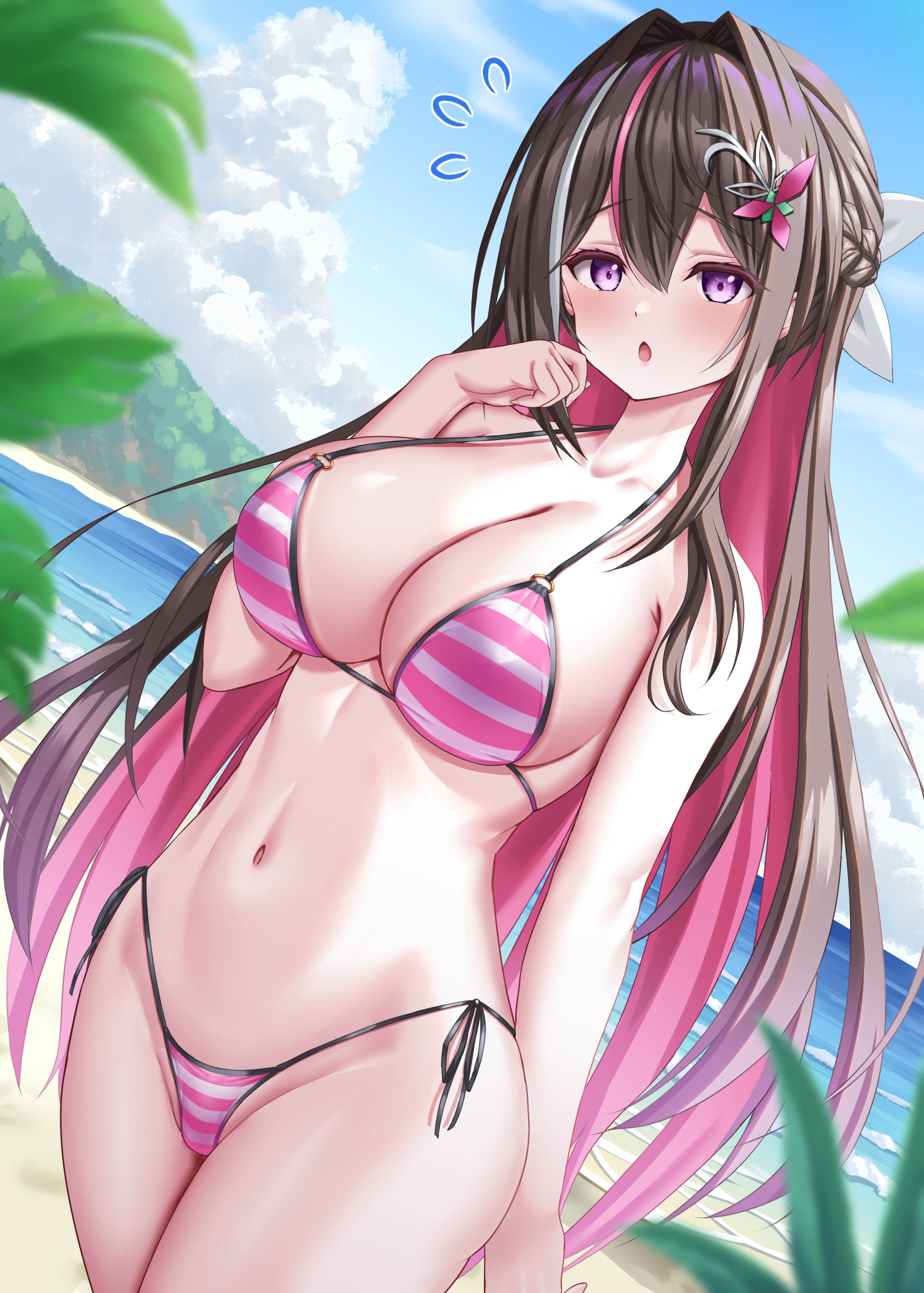 uehiro, azki (hololive), hololive, absurdres, highres, 1girl, alternate costume, asymmetrical sidelocks, beach, bikini, black hair, blue sky, blush, braid, breasts, cleavage, cloud, colored inner hair, day, double-parted bangs, dutch angle, hair intakes, hair ornament, hairclip, half up braid, highleg, highleg bikini, large breasts, long hair, looking at viewer, multicolored hair, navel, open mouth, outdoors, pink bikini, pink hair, purple eyes, side-tie bikini bottom, sidelocks, sky, solo, standing, stomach, streaked hair, string bikini, striped bikini, striped clothes, swimsuit, very long hair, virtual youtuber, white hair