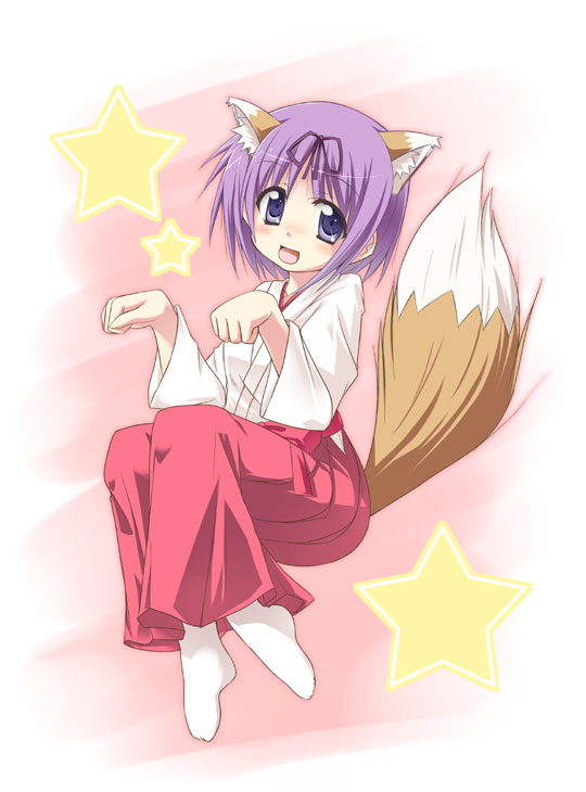 tekehiro, hiiragi tsukasa, lucky star, 00s, 1girl, animal ears, female focus, fox ears, hakama, hakama skirt, japanese clothes, miko, purple hair, red hakama, skirt, solo, tail