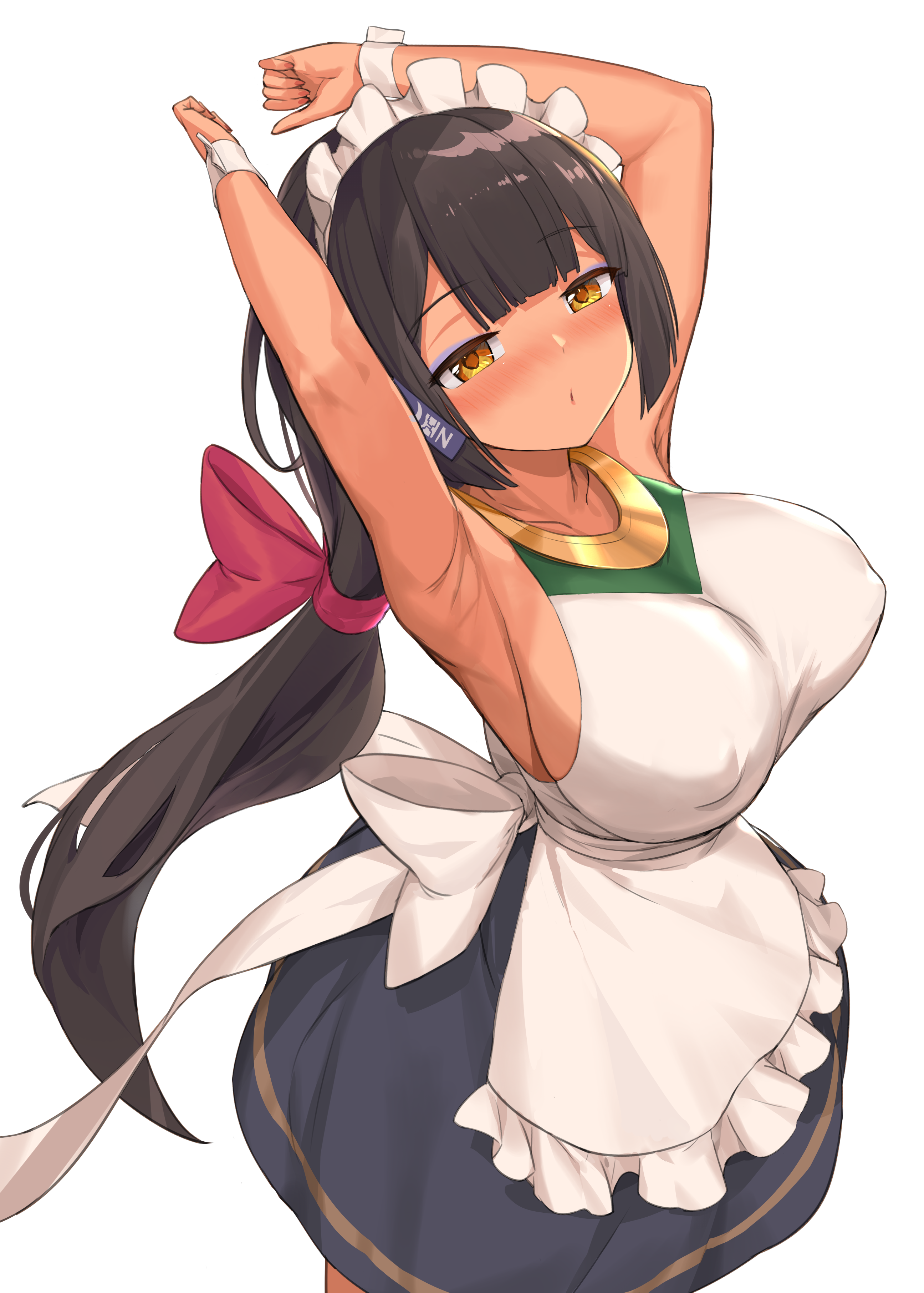 crystal shoujo, nephthys (lady and the papyrus), lady and the papyrus, absurdres, chinese commentary, commentary request, highres, second-party source, 1girl, apron, armpits, arms up, bare arms, bare shoulders, black hair, blush, breasts, closed mouth, covered erect nipples, cowboy shot, dark-skinned female, dark skin, frilled apron, frills, huge breasts, long hair, looking at viewer, maid, maid apron, maid headdress, simple background, sleeveless, solo, very long hair, waist apron, white apron, white background, white wrist cuffs, wrist cuffs, yellow eyes