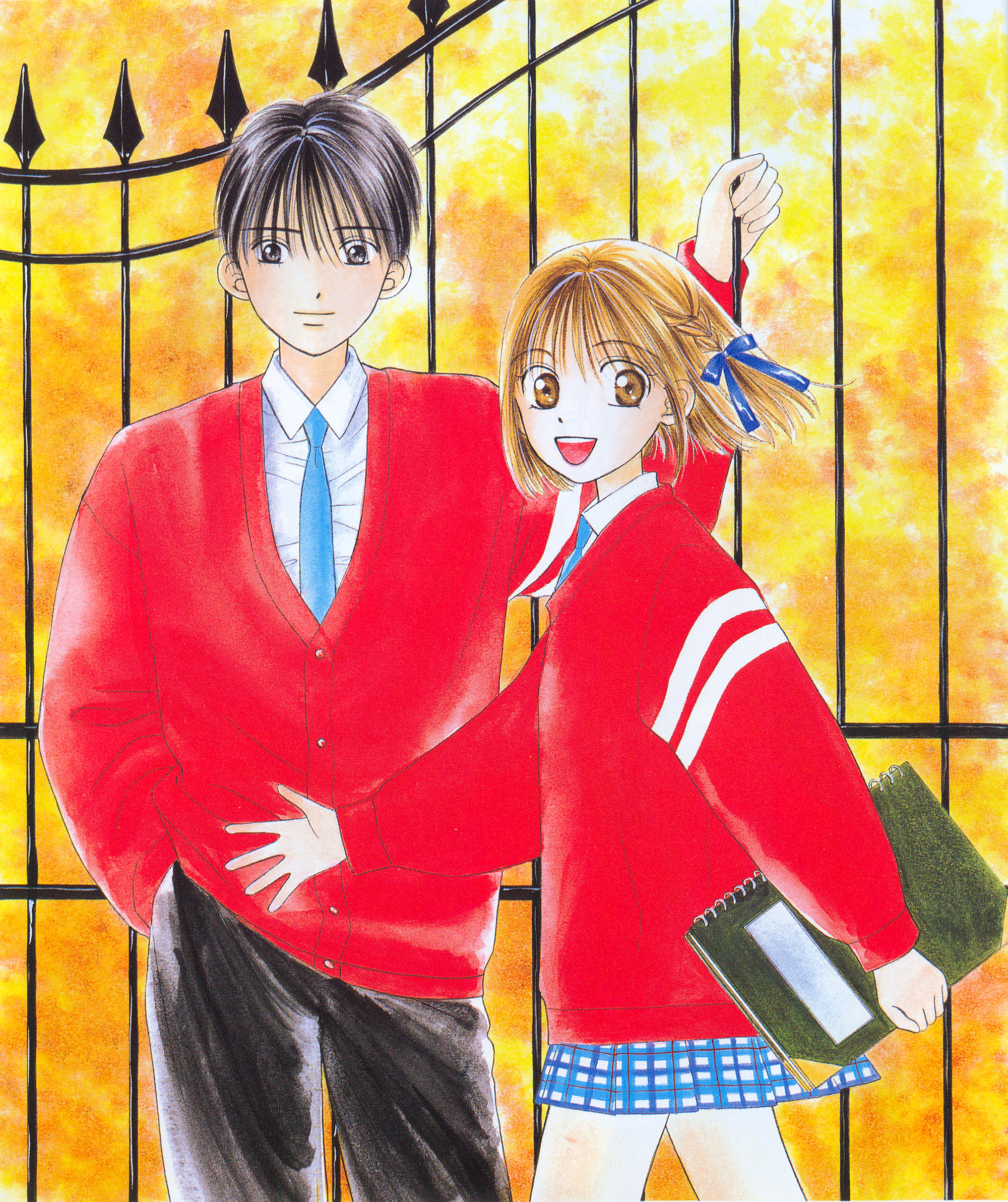 arima souichirou, miyazawa yukino, kareshi kanojo no jijou, highres, tagme, 1990s (style), couple, school uniform, serafuku, sweater