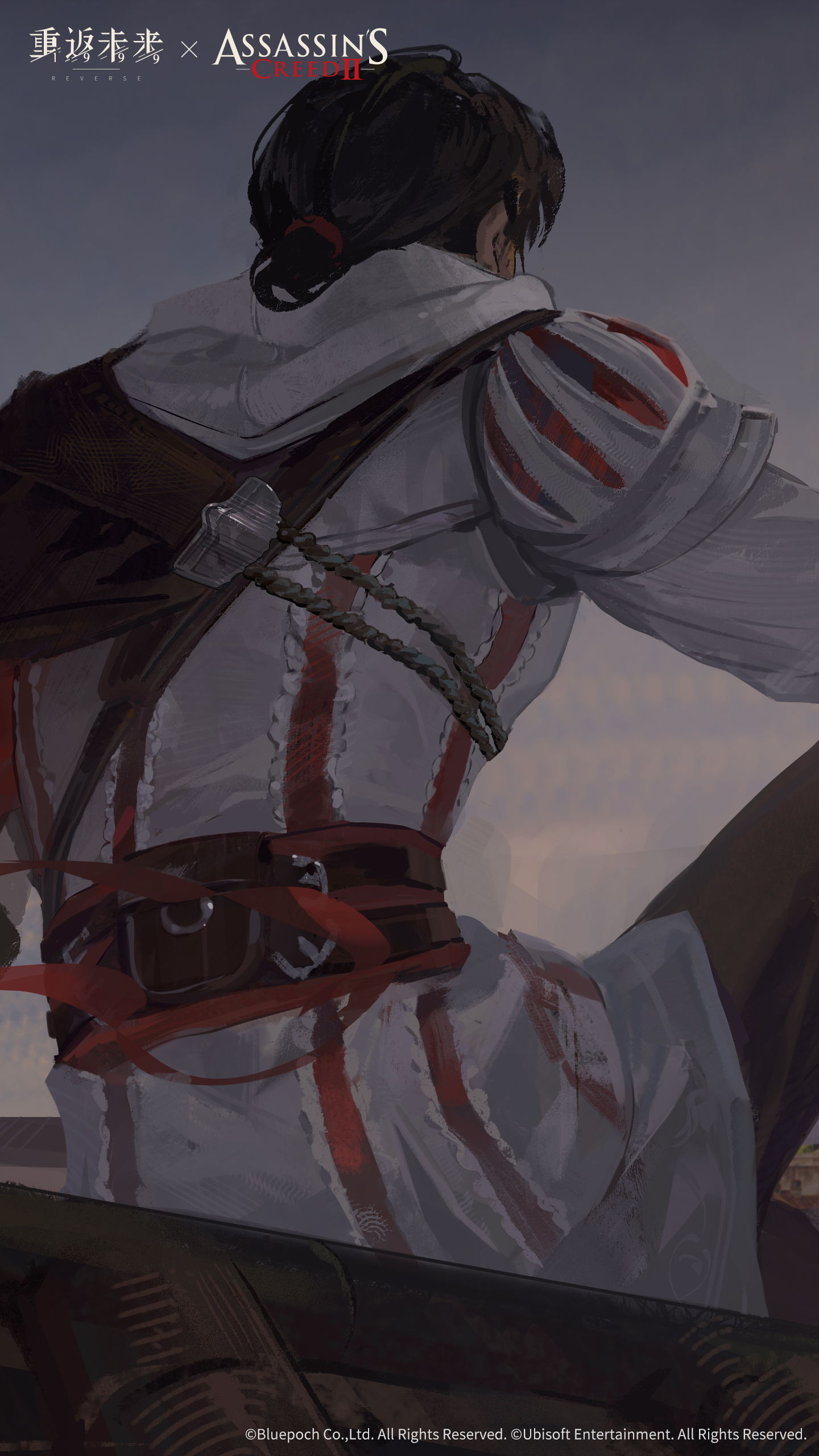 ezio auditore da firenze, assassin's creed (series), assassin's creed ii, reverse:1999, absurdres, highres, official art, official wallpaper, 1boy, black pants, brown cape, cape, copyright name, copyright notice, facing away, from behind, grey sky, hood, hood down, knee up, logo, low ponytail, outdoors, pants, ponytail, short hair, short ponytail, side cape, sitting, sky, solo