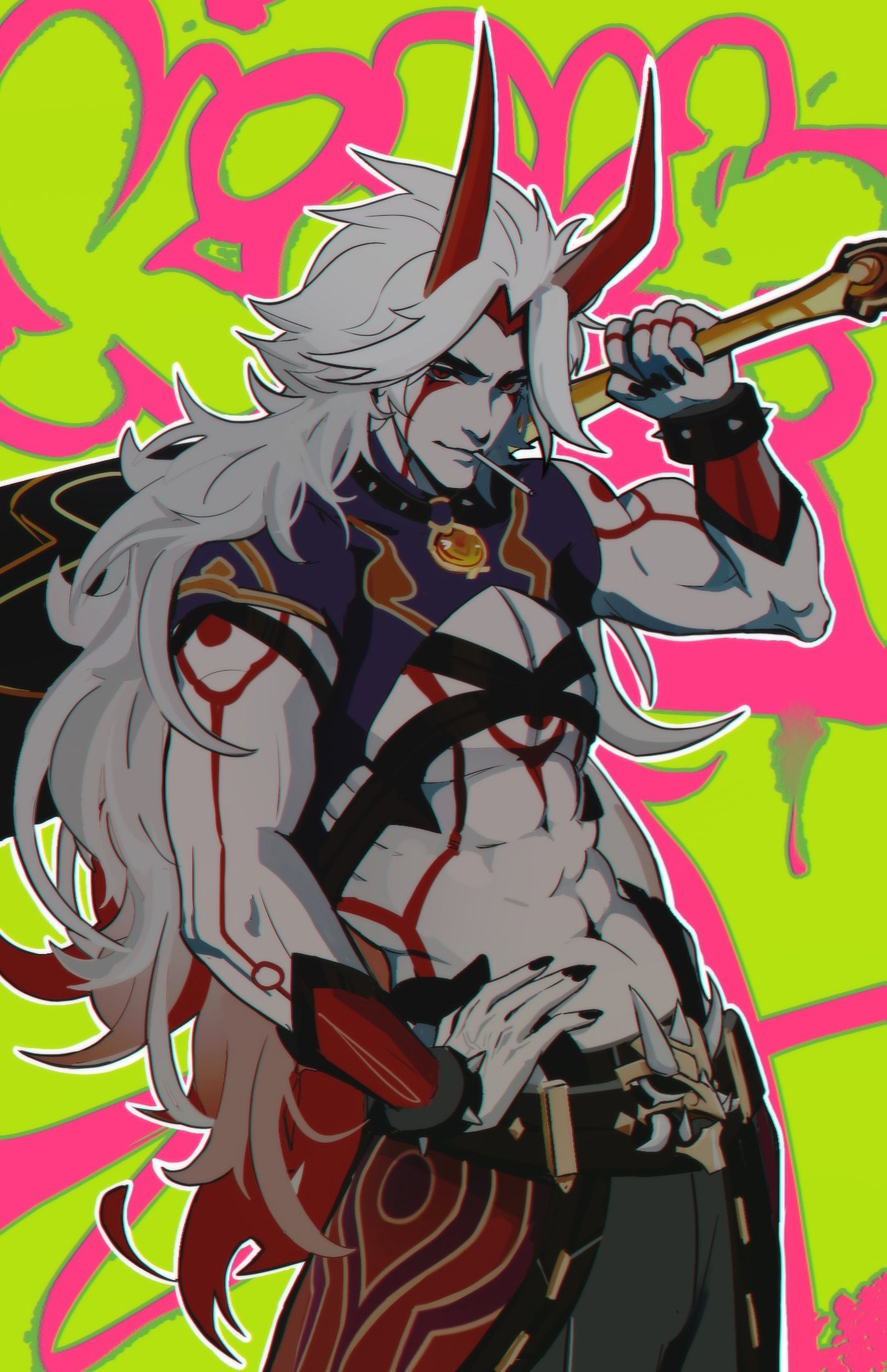 nikily, arataki itto, genshin impact, highres, 1boy, abs, abstract background, arm tattoo, belt, chest tattoo, cigarette, crop top, curtained hair, demon horns, facial tattoo, hair flowing over, hand on own hip, holding, holding sword, holding weapon, horns, long hair, looking at viewer, male focus, muscular, muscular male, neon palette, outline, over shoulder, pectorals, red eyes, smirk, solo, sword, sword over shoulder, tattoo, twisted torso, very long hair, weapon, weapon over shoulder, white hair, white outline