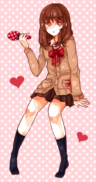 dada, dada (dolce), original, bad id, bad pixiv id, 1girl, brown eyes, brown hair, female focus, heart, long hair, school uniform, serafuku, socks, solo