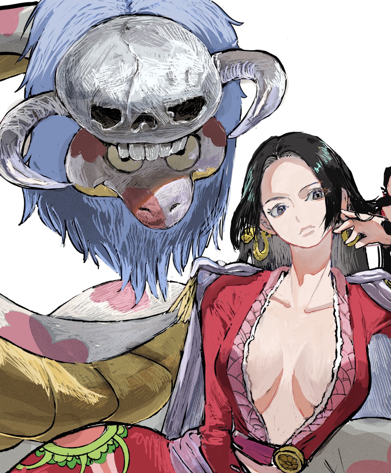 borukeinosatie, boa hancock, salome (one piece), one piece, highres, black eyes, black hair, blue hair, dress, earrings, jewelry, red dress, skull-shaped hat, snake, white background