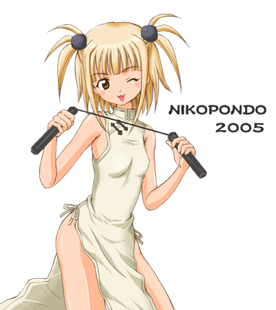 aoyama reo, kufei, mahou sensei negima!, lowres, 00s, 1girl, bare shoulders, blonde hair, blush, breasts, china dress, chinese clothes, dress, female focus, flat chest, grey eyes, nunchaku, one eye closed, short hair, short twintails, small breasts, solo, twintails, two side up, weapon, wink