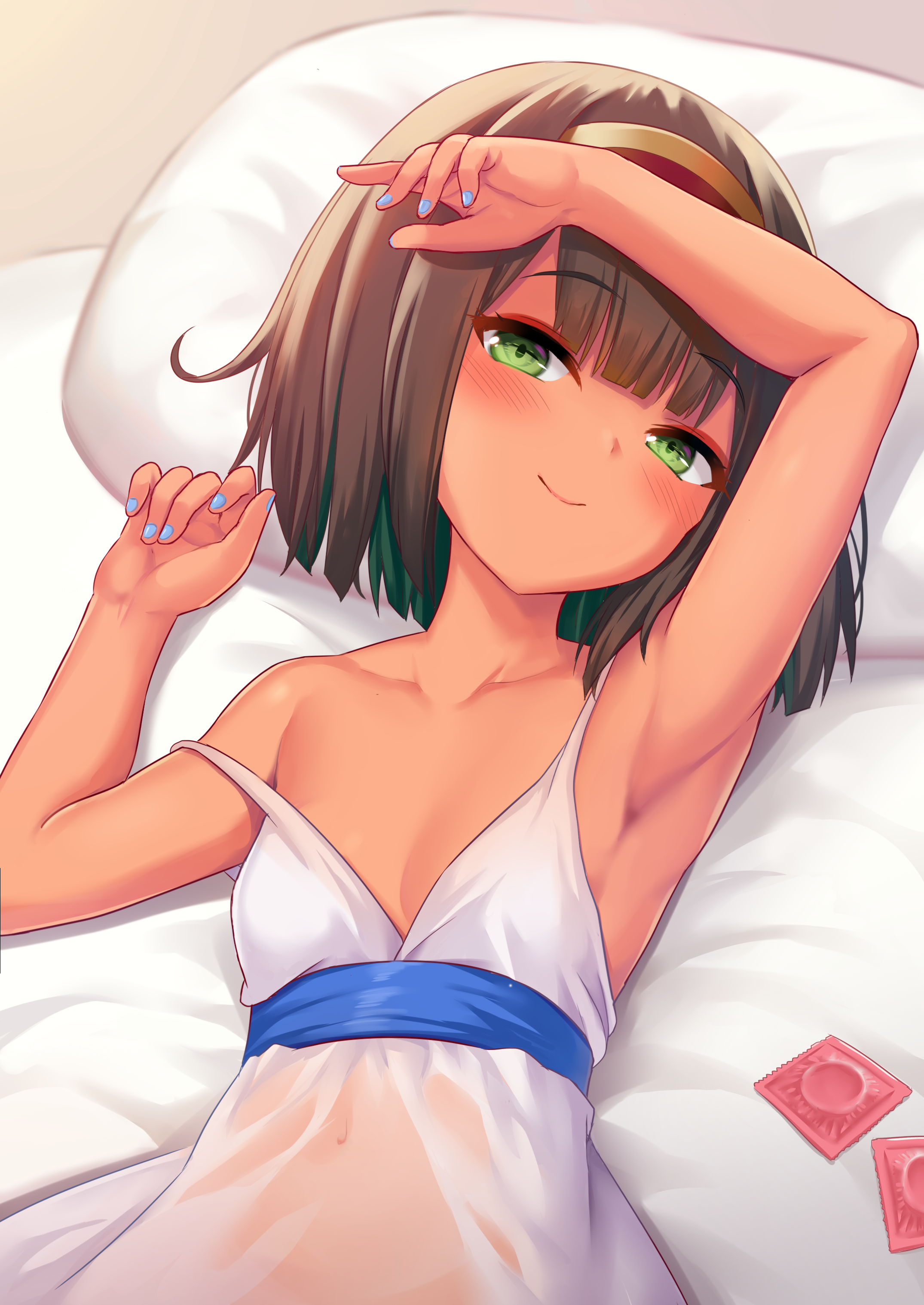 milkshakework, astarte (surio), lady and the papyrus, absurdres, chinese commentary, commentary request, highres, second-party source, variant set, 1girl, arm up, armpits, bare arms, bare shoulders, bed, bed sheet, blue nails, blunt bangs, blush, brown hair, closed mouth, collarbone, colored inner hair, condom, condom wrapper, dark-skinned female, dark skin, dress, flat chest, from above, green eyes, green hair, head on pillow, looking at viewer, lying, multicolored hair, nail polish, navel, off shoulder, on back, on bed, on pillow, pillow, presenting armpit, see-through clothes, short hair, sleeveless, sleeveless dress, smile, solo, stomach, upper body, white dress