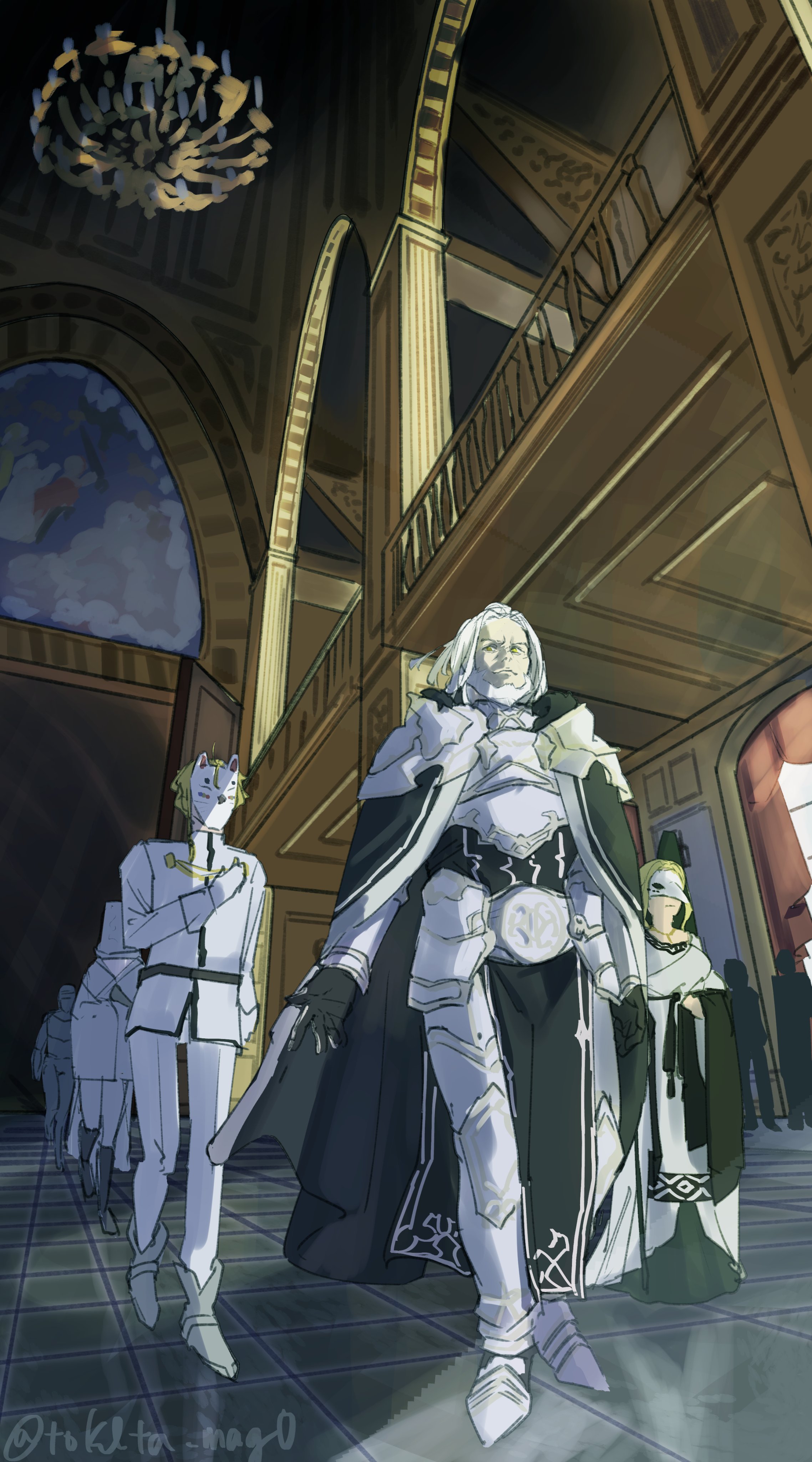 tokita (mag0), mushoku tensei, absurdres, highres, 1girl, armor, beard, bird mask, cape, ceremony, chandelier, facial hair, formal clothes, fox mask, male focus, mask, multiple boys, old, old man, perugius dola, walking, white beard, white hair