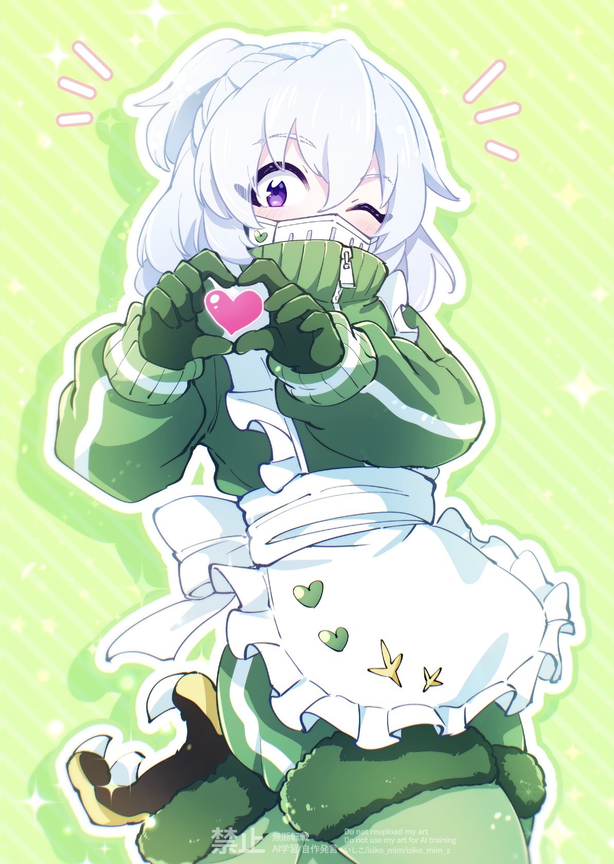 mairimashita! iruma-kun, highres, 1boy, apron, back bow, balam shichiro, bird legs, bow, drop shadow, frilled apron, frills, gloves, green background, green gloves, green jacket, green pants, heart, heart hands, heart in heart hands, isiko mim z, jacket, jersey maid, looking at viewer, maid, maid apron, male focus, mask, medium hair, mouth mask, one eye closed, outline, pants, ponytail, purple eyes, short ponytail, solo, tareme, track jacket, trap, unconventional maid, white apron, white hair, zipper