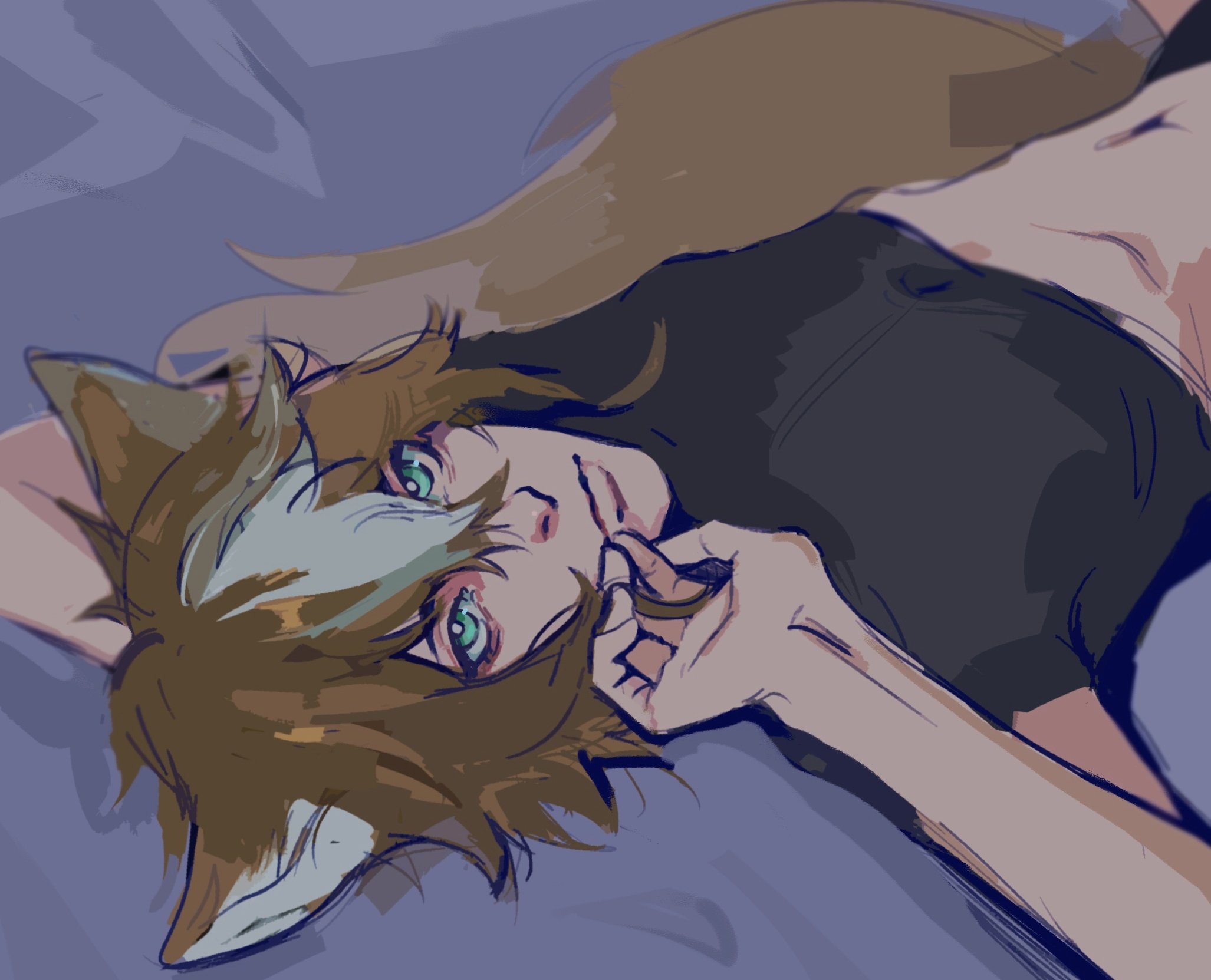 nikily, gorou (genshin impact), genshin impact, highres, 1boy, animal ears, arm behind head, blue eyes, brown hair, crop top, fox ears, fox tail, from above, looking at viewer, lying, male focus, on back, on ground, playing with own hair, single hair streak, sketch, smile, solo, stomach, tail, upper body