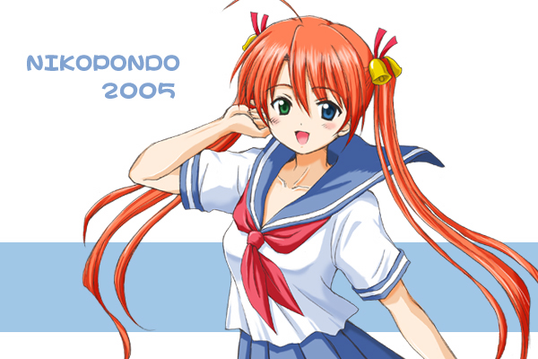 aoyama reo, kagurazaka asuna, mahou sensei negima!, 00s, 1girl, bell, blue sailor collar, female focus, heterochromia, long hair, orange hair, sailor collar, school uniform, serafuku, skirt, solo, twintails, very long hair