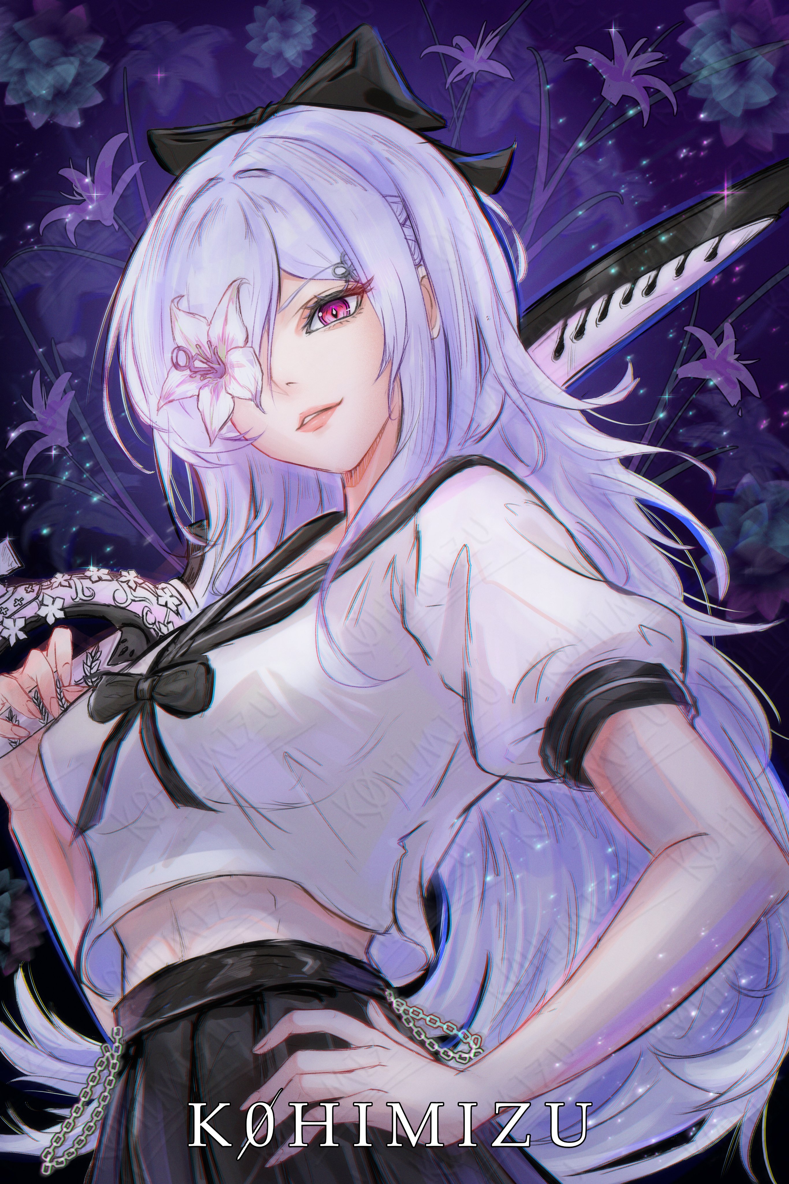 zero (drag-on dragoon), drag-on dragoon, drag-on dragoon 3, absurdres, commentary request, highres, 1girl, alternate costume, artist name, black bow, black skirt, bow, breasts, chain, cropped shirt, flower, flower over eye, hair bow, hand on own hip, holding, holding sword, holding weapon, k0himizu, long hair, medium breasts, parted bangs, parted lips, pink eyes, pink lips, purple background, purple flower, shirt, short sleeves, skirt, smile, solo, sword, twitter username, very long hair, weapon, white hair, white shirt