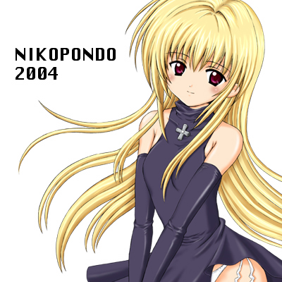 aoyama reo, eve (black cat), black cat (series), lowres, 00s, 1girl, blonde hair, cross, female focus, gloves, greek cross, long hair, panties, pantyshot, simple background, solo, turtleneck, underwear