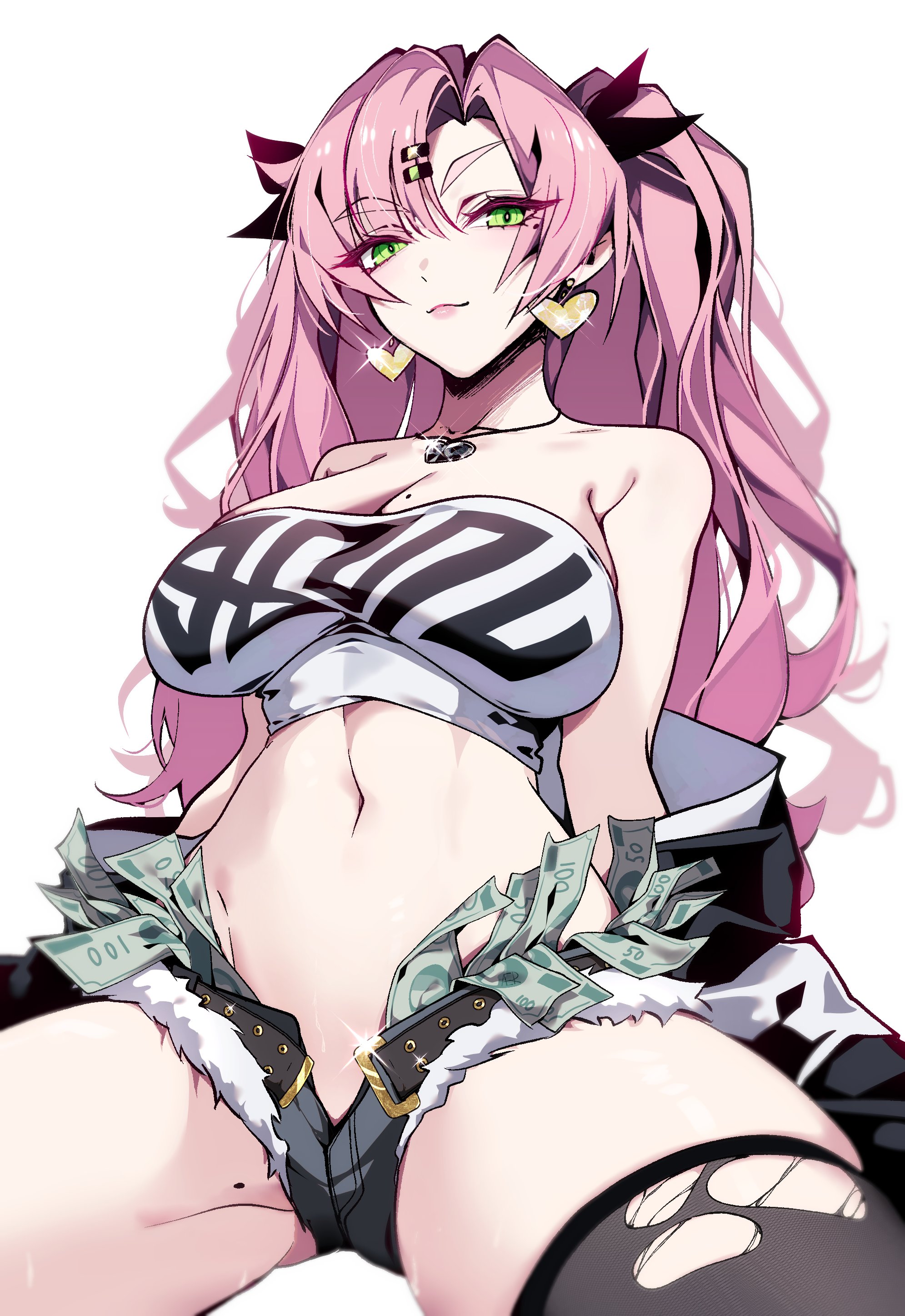 aer007580, nicole demara, zenless zone zero, absurdres, commentary, highres, 1girl, banknote, bare shoulders, belt, black belt, black jacket, black ribbon, breasts, cleavage, closed mouth, clothes down, earrings, green eyes, hair ornament, hair ribbon, hairclip, heart, heart earrings, heart necklace, jacket, jewelry, large breasts, linea alba, long hair, looking at viewer, mole, mole on breast, mole on thigh, mole under eye, money, multiple moles, navel, necklace, open belt, open fly, parallel hairclips, pink hair, ribbon, simple background, single thighhigh, sitting, solo, stomach, strapless, thick eyebrows, thighhighs, thighs, torn clothes, torn thighhighs, tube top, white background, white tube top