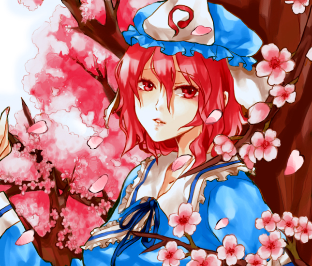 dada, dada (dolce), saigyouji yuyuko, touhou, bad id, bad pixiv id, 1girl, cherry blossoms, female focus, flower, hat, japanese clothes, petals, pink hair, red eyes, red hair, solo