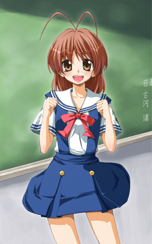 hakui ami, furukawa nagisa, clannad, 00s, 1girl, :d, antenna hair, blue dress, bow, bowtie, chalkboard, dress, dutch angle, female focus, indoors, looking at viewer, open mouth, red bow, red bowtie, sailor collar, school uniform, serafuku, short hair, short sleeves, smile, solo, standing