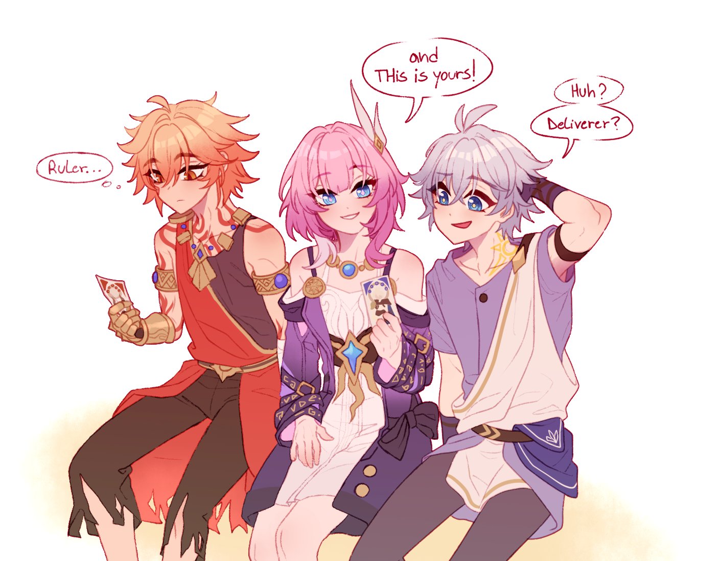 cyrene (honkai: star rail), mydei (honkai: star rail), phainon (a dream scented in wheat) (honkai: star rail), phainon (honkai: star rail), honkai: star rail, honkai (series), commentary, english commentary, revision, 1girl, 2boys, aged down, ahoge, ancient greek clothes, arm tattoo, armored gloves, black pants, blonde hair, blue eyes, coat, dress, english text, gold tattoo, greco-roman clothes, hair ornament, innaxui, multicolored hair, multiple boys, neck tattoo, pants, pink hair, purple coat, red tattoo, short hair, shoulder tattoo, speech bubble, tattoo, two-tone hair, white dress, white hair, yellow eyes