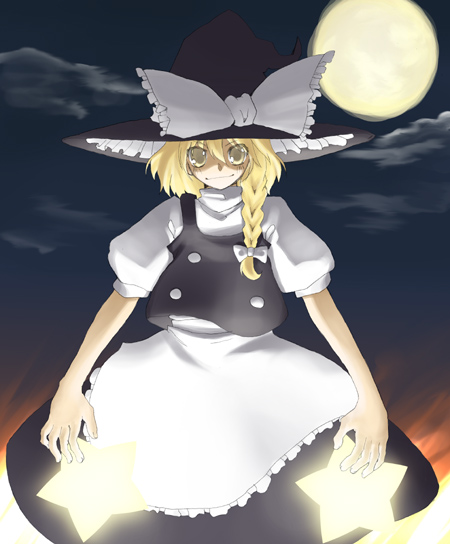 hakui ami, kirisame marisa, touhou, eyebrows, 1girl, apron, arms at sides, black hat, black skirt, black vest, blonde hair, bow, braid, closed mouth, cloud, female focus, frilled apron, frills, full moon, hair between eyes, hair bow, hat, hat bow, hat ribbon, long hair, looking at viewer, moon, night, night sky, outdoors, puffy short sleeves, puffy sleeves, ribbon, shirt, short sleeves, skirt, sky, smile, solo, star (symbol), vest, waist apron, white apron, white bow, white ribbon, white shirt, witch hat, yellow eyes