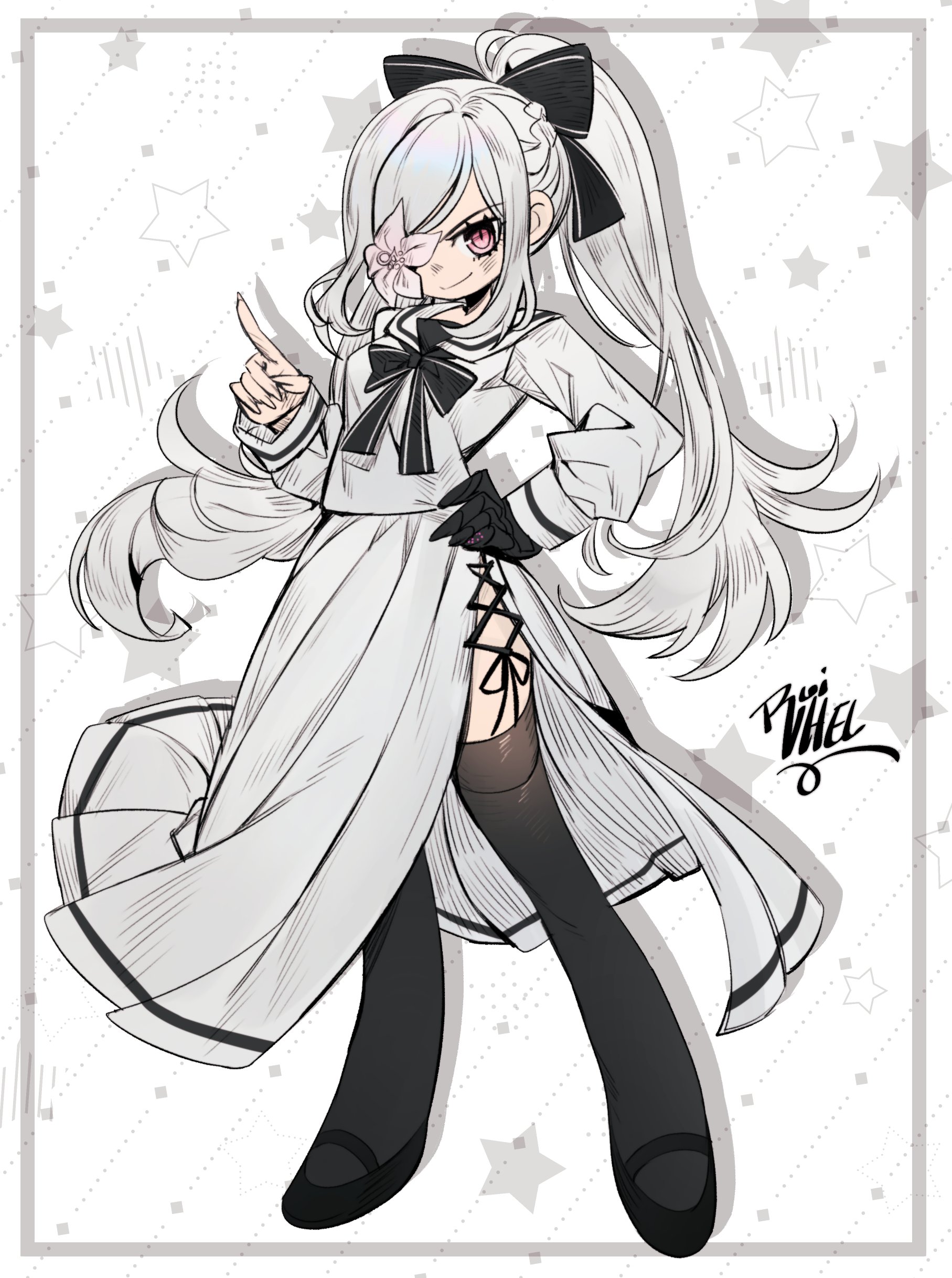 ruivhel, zero (drag-on dragoon), drag-on dragoon, drag-on dragoon 3, absurdres, commentary, highres, 1girl, alternate costume, black gloves, black thighhighs, closed mouth, eyelashes, flower, flower over eye, full body, gloves, hand on own hip, high ponytail, index finger raised, inset border, long hair, long skirt, pleated skirt, ponytail, red eyes, signature, skirt, smile, solo, star (symbol), thighhighs, white background, white hair, white skirt