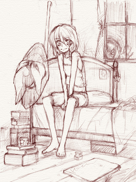 hakui ami, alice margatroid, kirisame marisa, stalker, touhou, 2girls, barefoot, bed, bedroom, bloomers, book, braid, camisole, creepy, cup, curtains, female focus, hat, monochrome, mug, multiple girls, purple theme, sketch, smile, stalking, star (symbol), underwear, unworn hat, unworn headwear, v arms, window, witch, witch hat