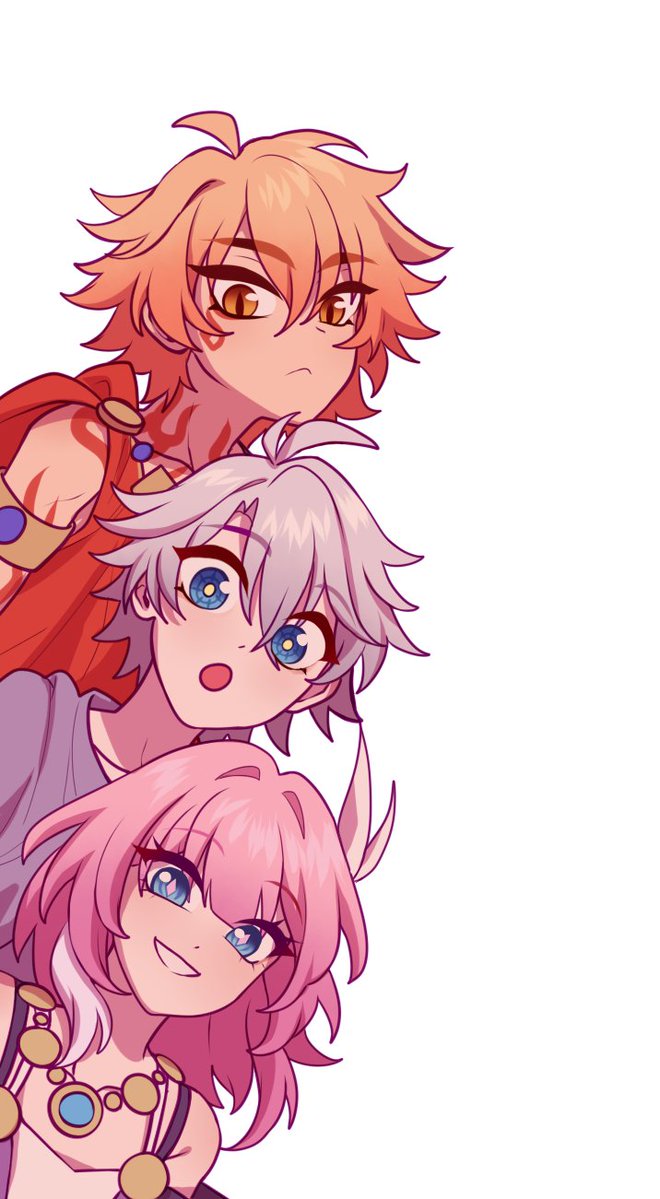 cyrene (honkai: star rail), mydei (honkai: star rail), phainon (a dream scented in wheat) (honkai: star rail), phainon (honkai: star rail), honkai: star rail, honkai (series), commentary, symbol-only commentary, 1girl, 2boys, :o, aged down, ancient greek clothes, blonde hair, blue eyes, blue shirt, dress, greco-roman clothes, hair ornament, innaxui, jewelry, multiple boys, neck tattoo, necklace, pink hair, red shirt, red tattoo, shirt, short hair, simple background, smile, tattoo, white background, white dress, white hair, yellow eyes