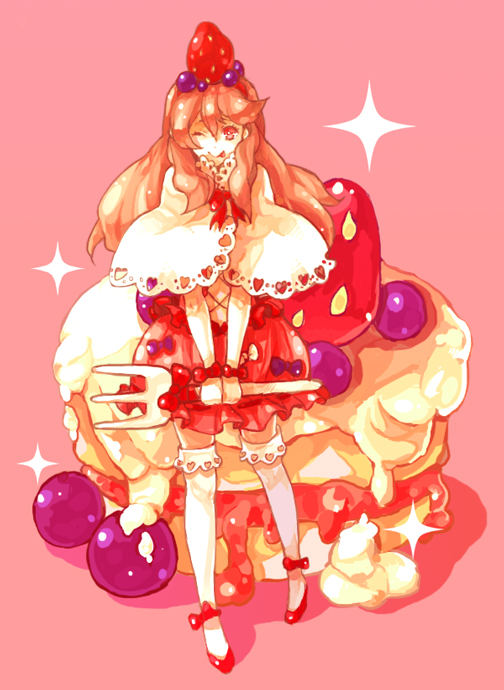 dada, dada (dolce), original, bad id, bad pixiv id, 1girl, :p, ;p, blueberry, cake, cream, dessert, dress, female focus, food, food-themed hair ornament, food as clothes, fork, fruit, grapes, hair ornament, in food, long hair, mini person, minigirl, one eye closed, pastry, red eyes, ribbon, solo, strawberry, strawberry hair ornament, sweets, thighhighs, tongue, tongue out, wink