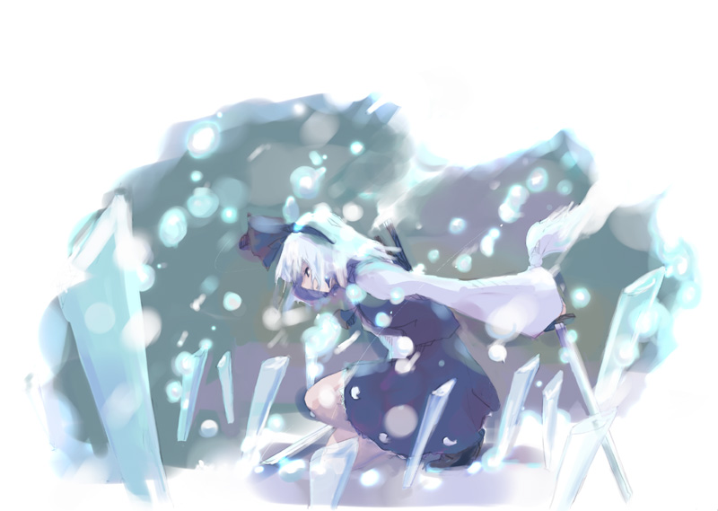 takanashi akihito, konpaku youmu, touhou, 1girl, female focus, gradient background, hat, katana, skirt, snow, solo, sword, weapon