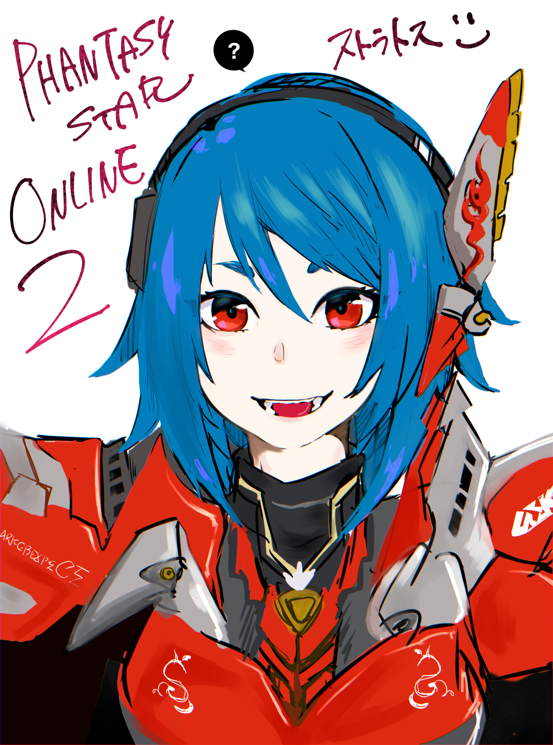 stratos (pso2), phantasy star, phantasy star online 2, absurdres, highres, translated, 1girl, ?, armor, black hairband, blue hair, copyright name, hair between eyes, hairband, headgear, kira88ers, light blush, looking at viewer, open mouth, pauldrons, portrait, red armor, red eyes, short hair, shoulder armor, sidelocks, silver armor, simple background, sketch, smile, solo, spiked hair, spoken question mark, straight-on, two-tone armor, white background
