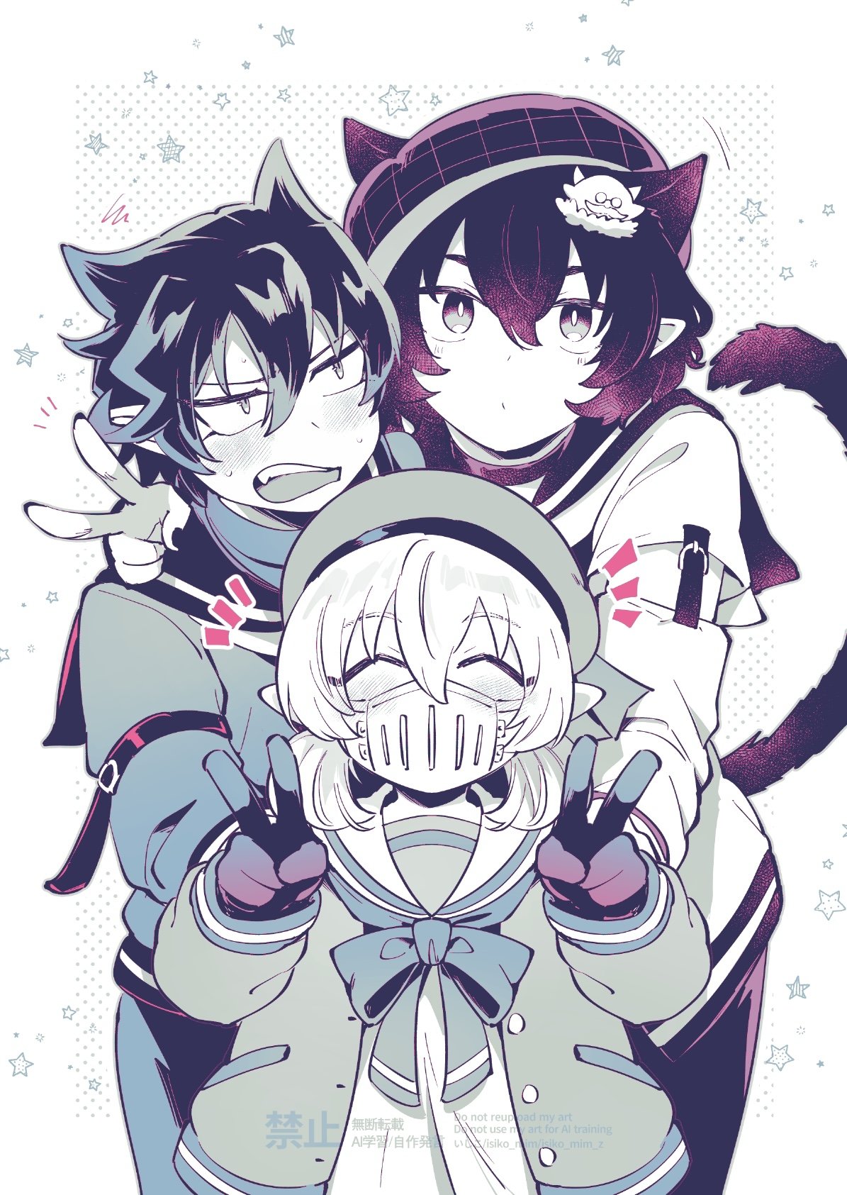 naberius kalego, opera (iruma-kun), mairimashita! iruma-kun, highres, 1other, 2boys, animal ears, balam shichiro, beret, blush, bow, bowtie, cat ears, cat tail, character hair ornament, closed eyes, double v, extra ears, gloves, hair between eyes, hair ornament, hairclip, hat, isiko mim z, jacket, long sleeves, looking at another, looking at viewer, mask, medium hair, mouth mask, multiple boys, nail polish, pointy ears, sailor collar, short hair, short sleeves, simple background, sleeve garter, star (symbol), sullivan (iruma-kun), tail, v, white background