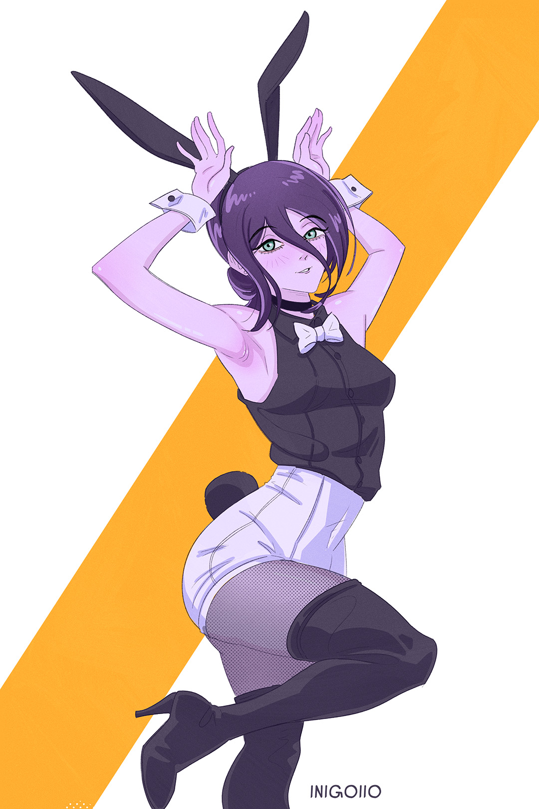 inigoiio, reze (chainsaw man), chainsaw man, commentary, english commentary, highres, 1girl, animal ears, armpits, arms up, artist name, black boots, black shirt, boots, bow, bowtie, fake animal ears, fake tail, green eyes, grey pantyhose, hair between eyes, hair bun, pantyhose, purple hair, rabbit ears, rabbit tail, shirt, shorts, sleeveless, sleeveless shirt, solo, tail, thigh boots, white bow, white bowtie, white shorts, wrist cuffs