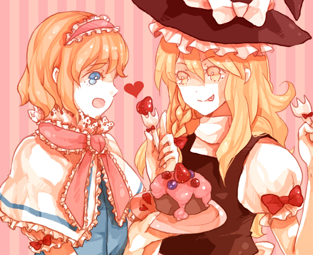 dada, dada (dolce), alice margatroid, kirisame marisa, touhou, bad id, bad pixiv id, 2girls, blonde hair, blue eyes, blueberry, cake, eating, female focus, food, fork, fruit, long hair, multiple girls, pastry, plate, raspberry, strawberry, tongue
