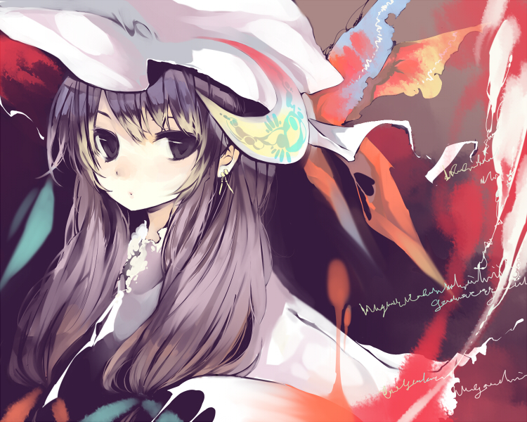 k (li), patchouli knowledge, touhou, 1girl, blue bow, bow, collar, crescent, female focus, frills, hair bow, hat, long hair, looking at viewer, mob cap, multi-tied hair, purple eyes, purple hair, red bow, sidelocks, solo, upper body, very long hair