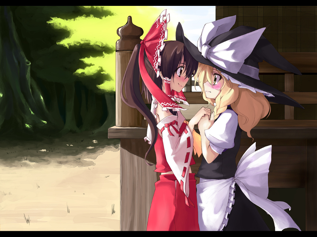 hakui ami, hakurei reimu, kirisame marisa, touhou, 2girls, apron, blonde hair, blush, braid, brown hair, detached sleeves, face-to-face, female focus, hat, holding hands, letterboxed, multiple girls, ponytail, ribbon, smile, witch hat, yuri