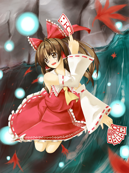 hakui ami, hakurei reimu, touhou, 1girl, :d, ascot, autumn leaves, blush, bow, brown eyes, brown hair, detached sleeves, falling leaves, female focus, hair bow, hair tubes, leaf, long sleeves, looking afar, open mouth, red bow, red skirt, ribbon-trimmed sleeves, ribbon trim, sidelocks, skirt, smile, solo, vest