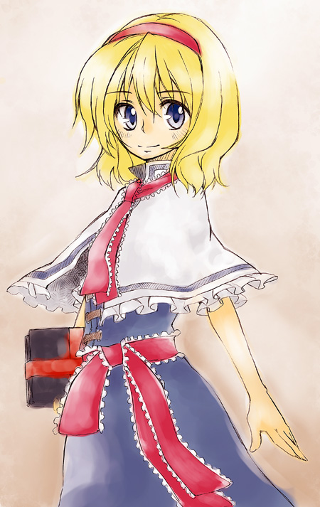hakui ami, alice margatroid, touhou, 1girl, belt, blonde hair, blue dress, blue eyes, blush, book, capelet, dress, female focus, grimoire, grimoire of alice, hairband, holding, holding book, looking at viewer, short hair, simple background, solo, white background