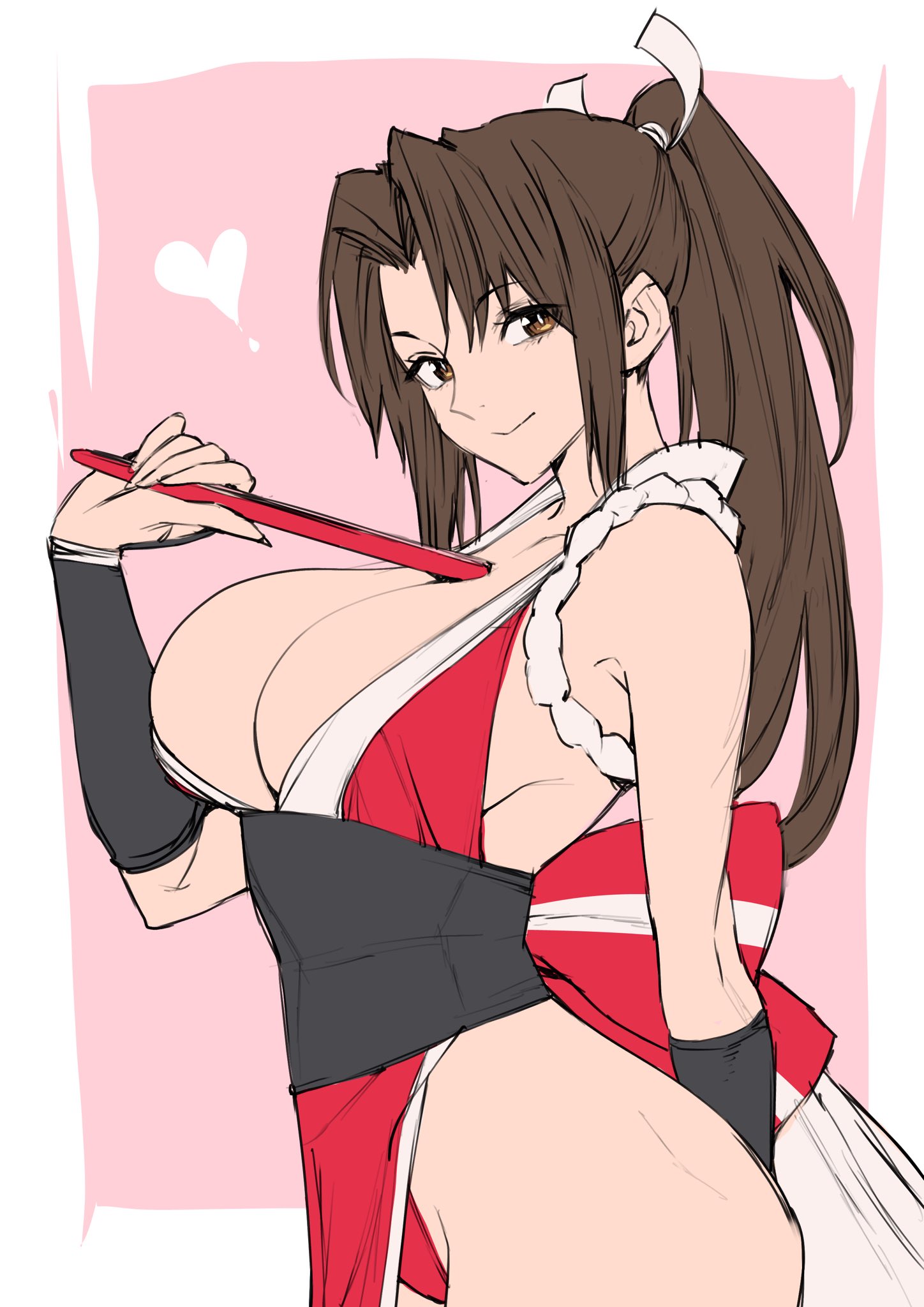 shiranui mai, commentary, english commentary, highres, bare shoulders, breasts, brown hair, chilicayenne2d, dress, hand fan, large breasts, light smile, ninja, obi bow, orange eyes, pink background, red dress, sleeveless, tassel, war fan