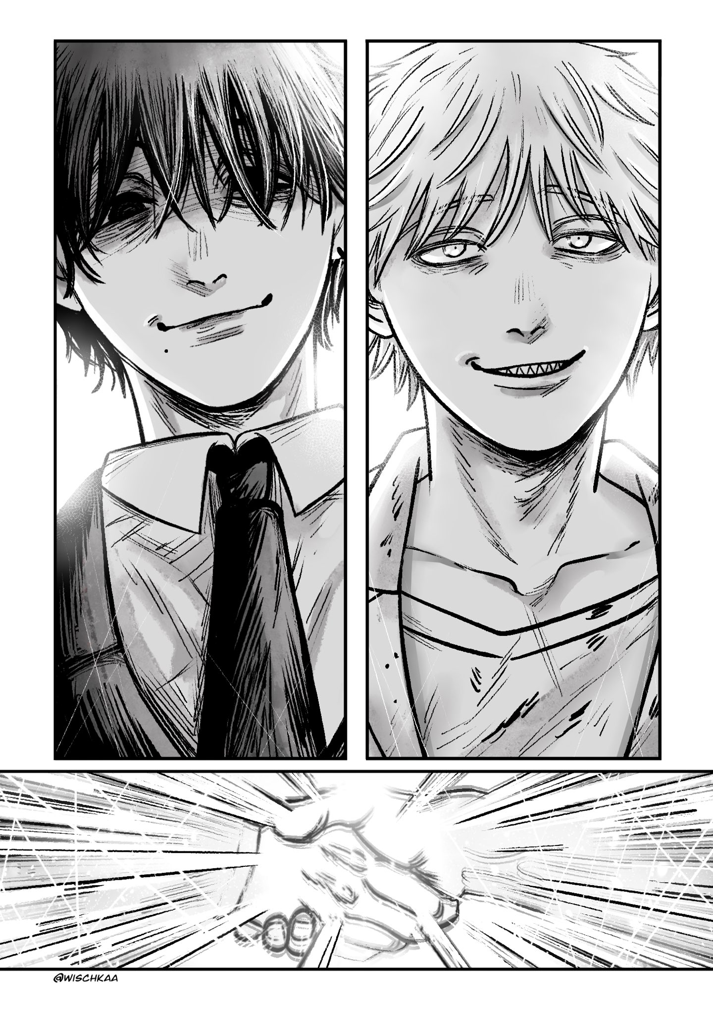 wischkaa, denji (chainsaw man), yoshida hirofumi, chainsaw man, highres, 2boys, collared shirt, greyscale, handshake, jacket, male focus, mole, mole under mouth, monochrome, multiple boys, necktie, sharp teeth, shirt, short hair, suit jacket, teeth