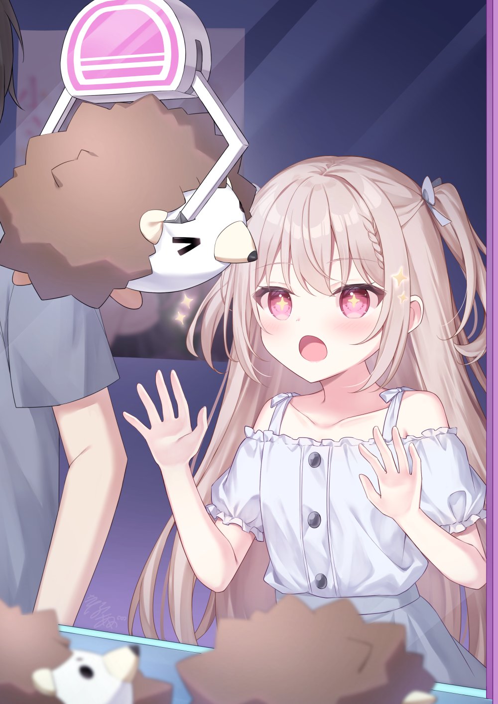 kinakon, original, highres, 1boy, 1girl, :o, crane game, dating, doll, dress, grey dress, grey ribbon, hair over shoulder, hair ribbon, hands up, hedgehog, long hair, off shoulder, open mouth, pink eyes, ribbon, short sleeves, star (symbol), star in eye, symbol in eye